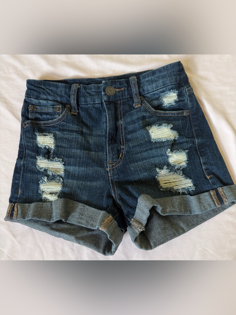 Aeropostale High Rise Curvy Dark Blue Distressed Denim Roll-Cuff Women's Shorts